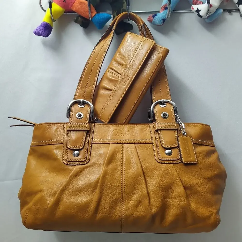 Coach Soho Murstar Yellow Leather Double Handle Tote Bag W/ Matching Wallet